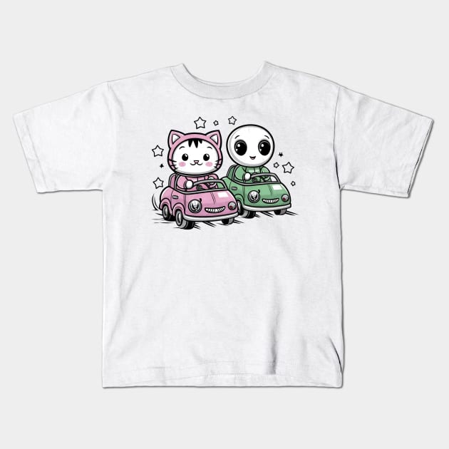 Cute kitty cat and alien in crazy cars Kids T-Shirt by Tee.gram